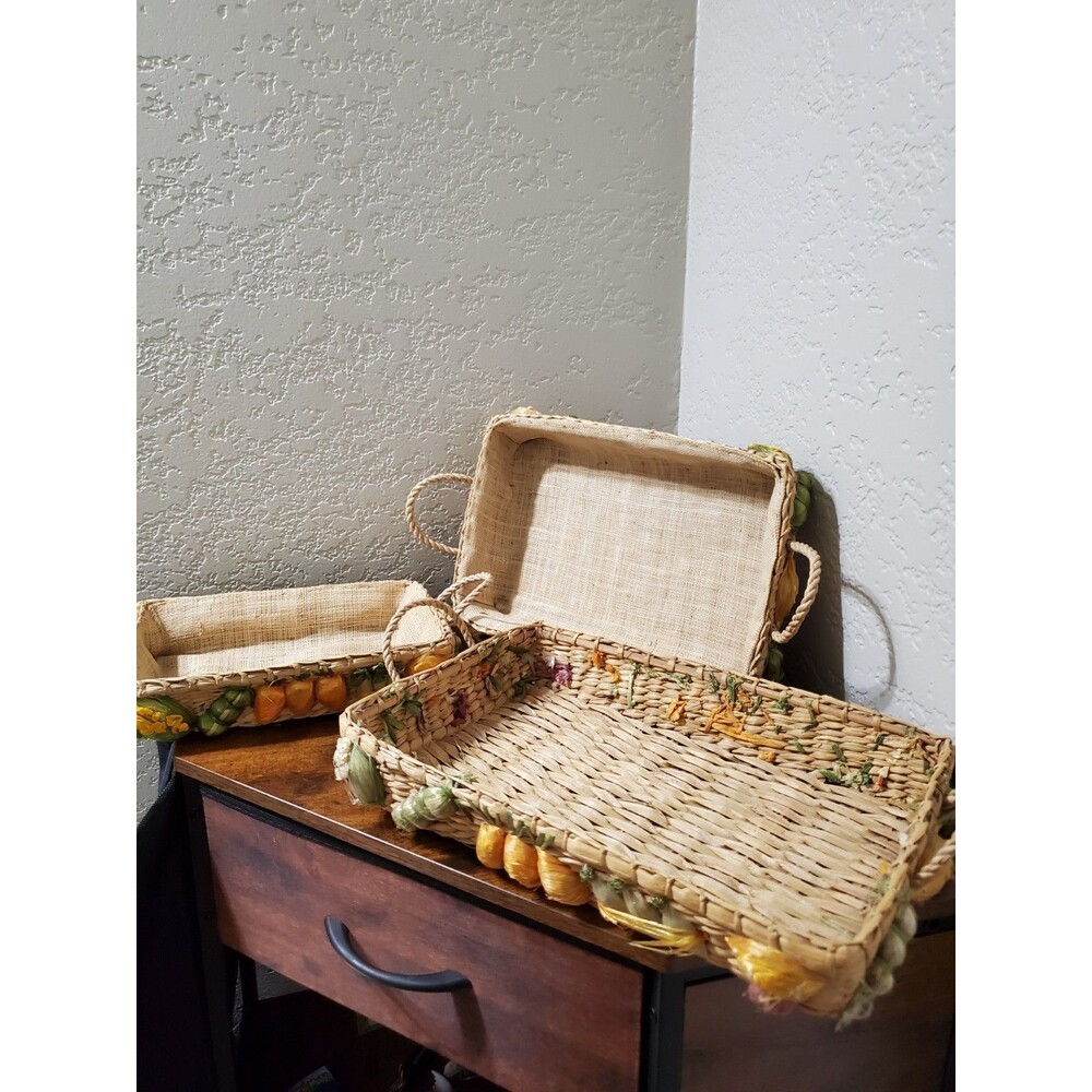 Lot of 3 Nesting Vintage Rafia Wicker Casserole Carriers/Holders Fruit Vegetable